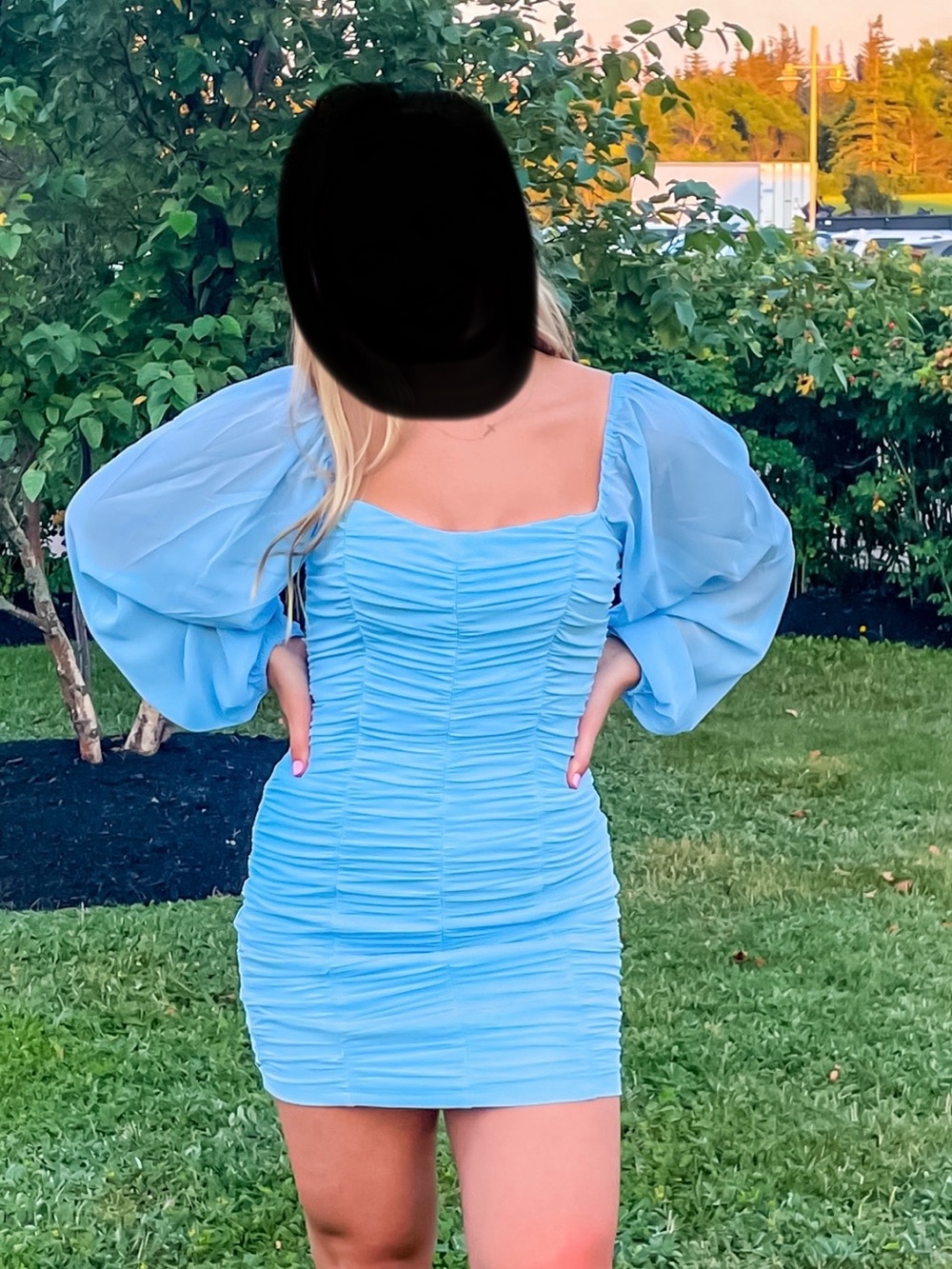 Hello Molly Baby Blue Ruched Puff-Sleeve Mini Dress